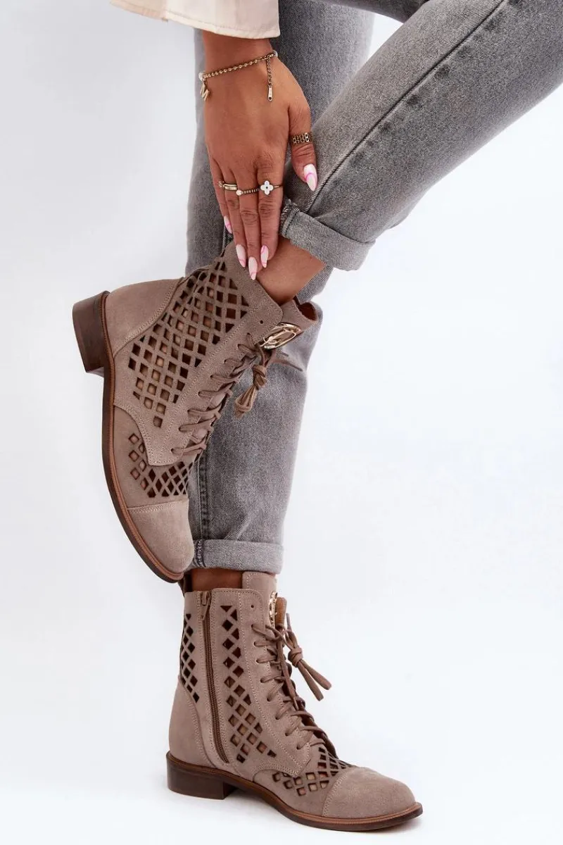 Discount 2695 Ażurowe Skórzane Botki Beżowe Damskie Botki Wiosenne|Botki Skórzane