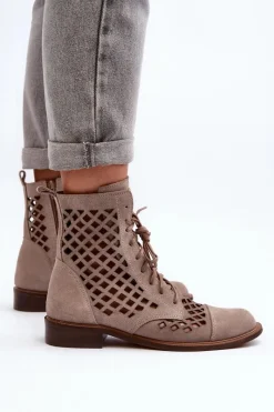 Discount 2695 Ażurowe Skórzane Botki Beżowe Damskie Botki Wiosenne|Botki Skórzane