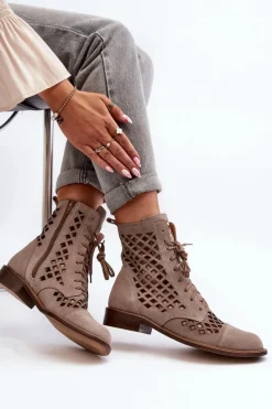 Discount 2695 Ażurowe Skórzane Botki Beżowe Damskie Botki Wiosenne|Botki Skórzane