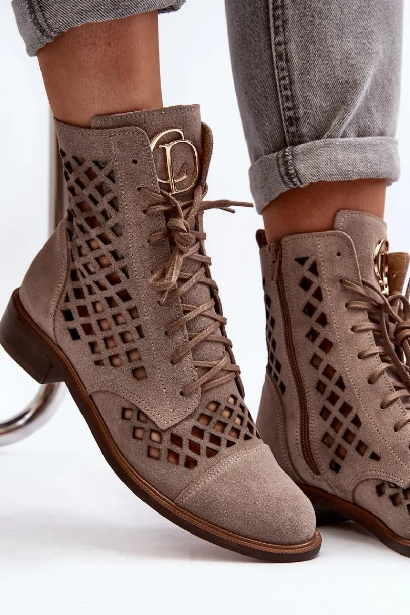 Discount 2695 Ażurowe Skórzane Botki Beżowe Damskie Botki Wiosenne|Botki Skórzane