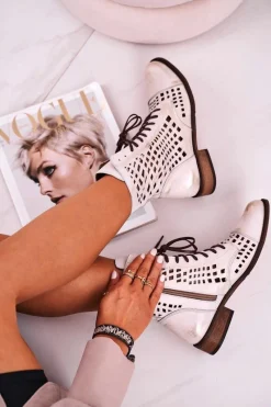 Sale 2627 Ażurowe Skórzane Botki Biało-Srebrne Damskie Botki Wiosenne|Botki Skórzane