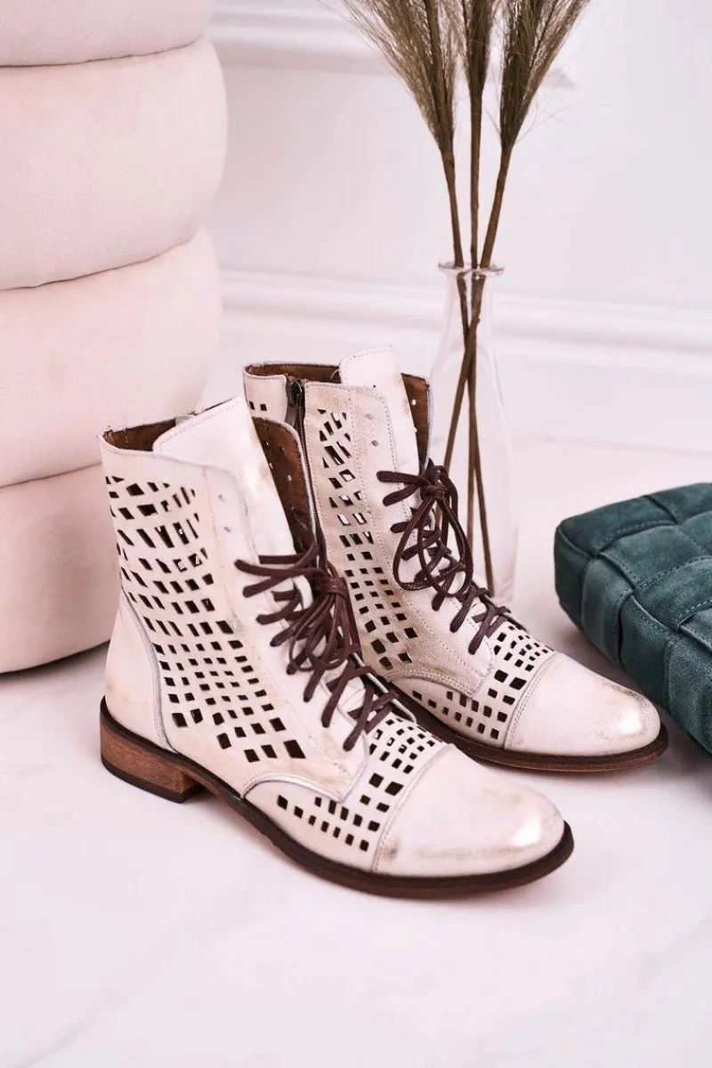 Sale 2627 Ażurowe Skórzane Botki Biało-Srebrne Damskie Botki Wiosenne|Botki Skórzane