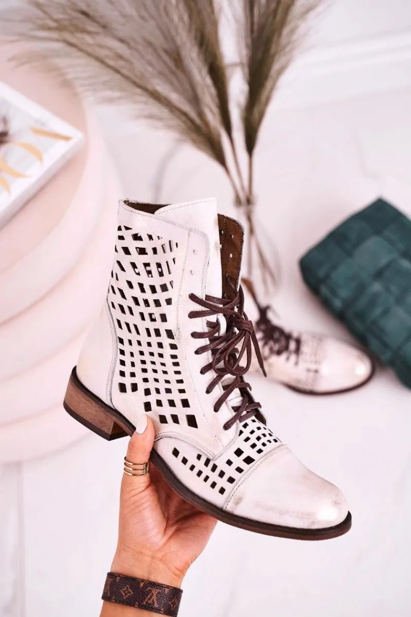 Sale 2627 Ażurowe Skórzane Botki Biało-Srebrne Damskie Botki Wiosenne|Botki Skórzane