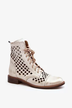 Botki Wiosenne|Botki Skórzane>Zazoo 2695 Ażurowe Skórzane Botki Przecierany Złoty