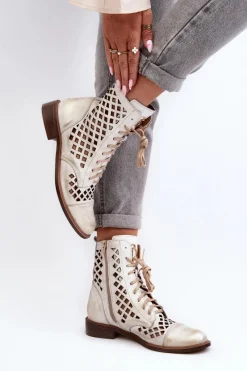 Botki Wiosenne|Botki Skórzane></noscript>Zazoo 2695 Ażurowe Skórzane Botki Przecierany Złoty