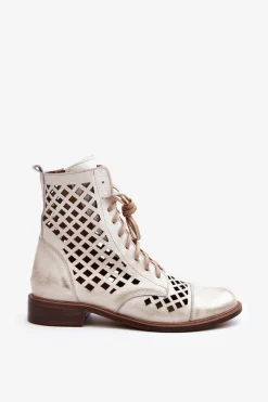 Botki Wiosenne|Botki Skórzane></noscript>Zazoo 2695 Ażurowe Skórzane Botki Przecierany Złoty