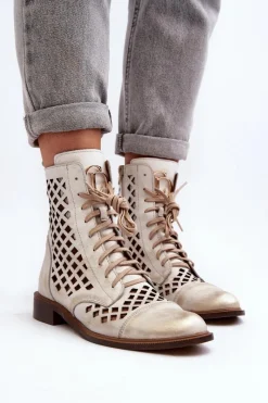 Botki Wiosenne|Botki Skórzane></noscript>Zazoo 2695 Ażurowe Skórzane Botki Przecierany Złoty
