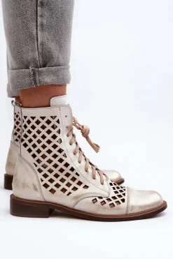 Botki Wiosenne|Botki Skórzane></noscript>Zazoo 2695 Ażurowe Skórzane Botki Przecierany Złoty
