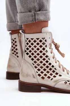 Botki Wiosenne|Botki Skórzane></noscript>Zazoo 2695 Ażurowe Skórzane Botki Przecierany Złoty
