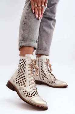 Botki Wiosenne|Botki Skórzane></noscript>Zazoo 2695 Ażurowe Skórzane Botki Przecierany Złoty