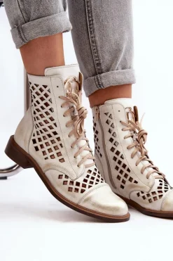Botki Wiosenne|Botki Skórzane></noscript>Zazoo 2695 Ażurowe Skórzane Botki Przecierany Złoty