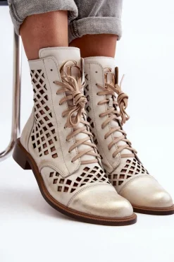 Botki Wiosenne|Botki Skórzane></noscript>Zazoo 2695 Ażurowe Skórzane Botki Przecierany Złoty