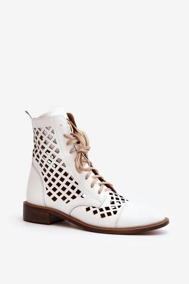 Clearance Zazoo 2695 Ażurowe Skórzane Botki Białe Biały