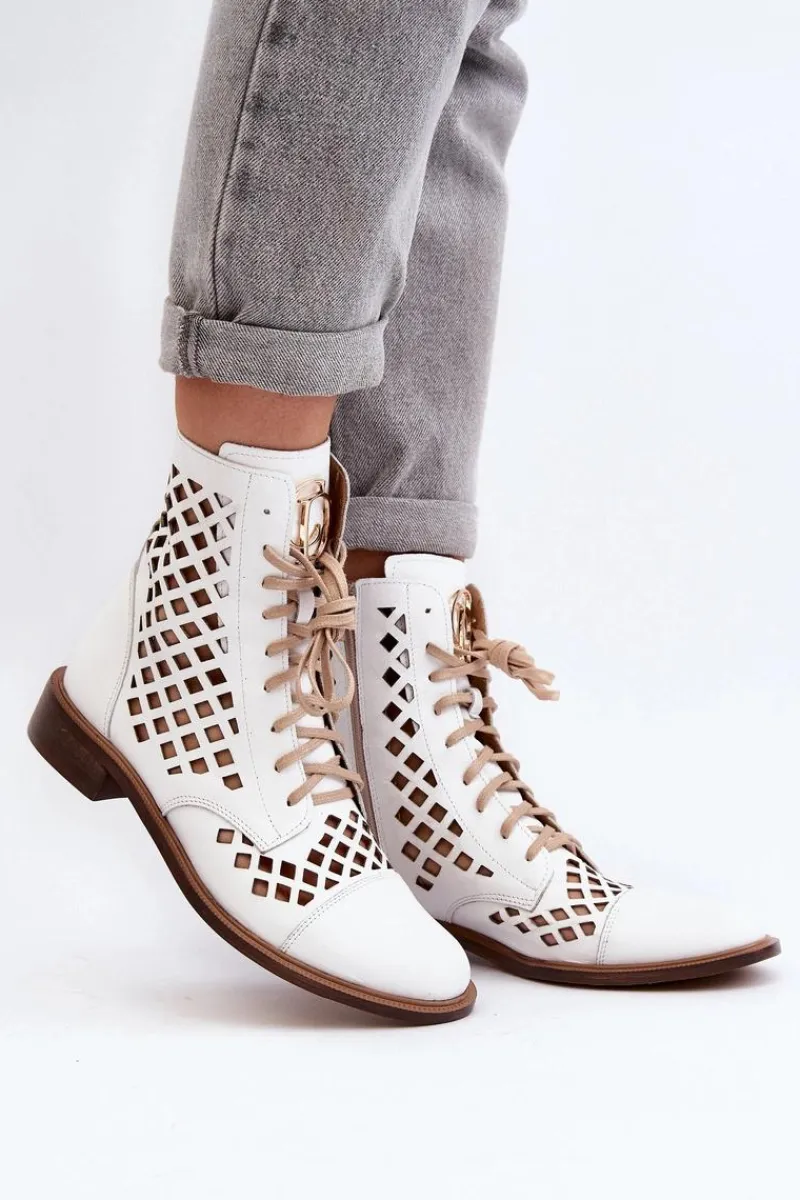 Clearance Zazoo 2695 Ażurowe Skórzane Botki Białe Biały