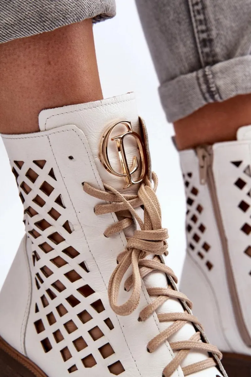 Clearance Zazoo 2695 Ażurowe Skórzane Botki Białe Biały