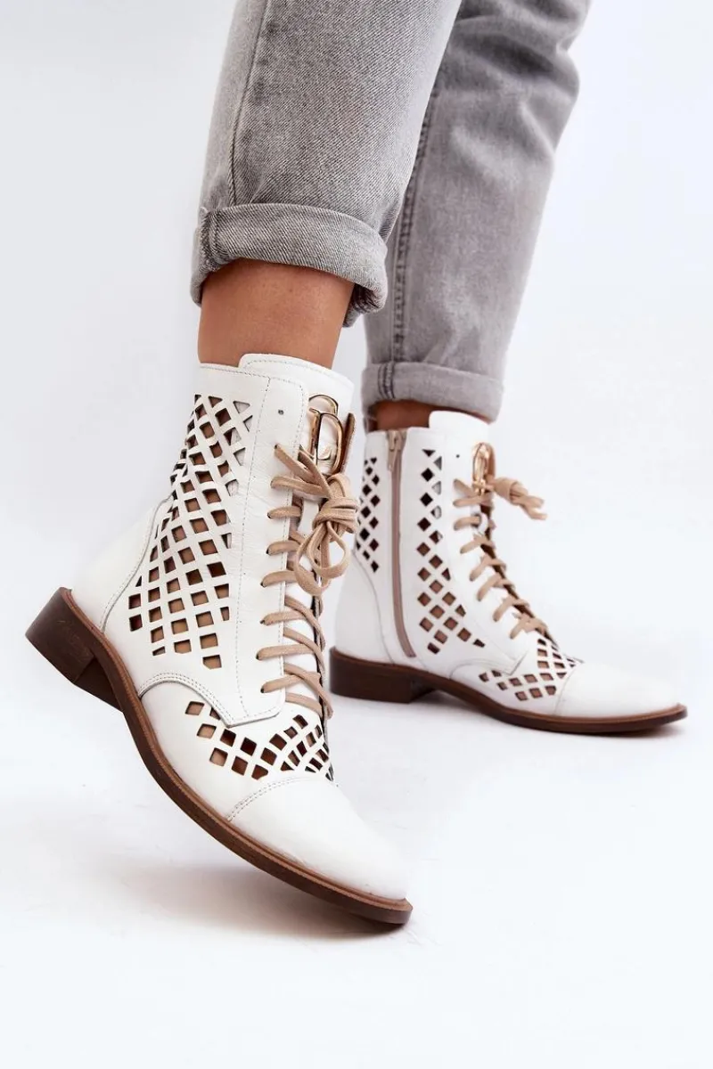 Clearance Zazoo 2695 Ażurowe Skórzane Botki Białe Biały