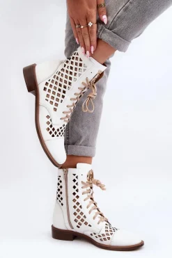 Clearance Zazoo 2695 Ażurowe Skórzane Botki Białe Biały