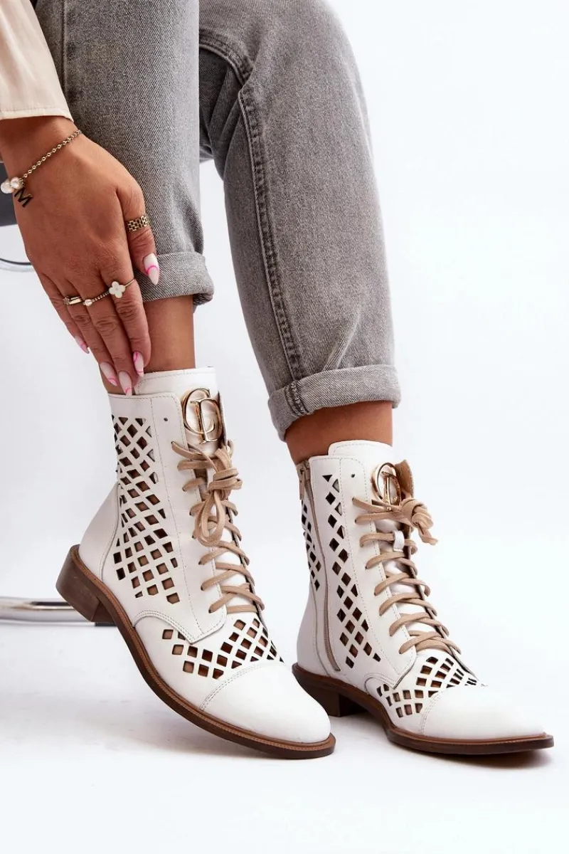 Clearance Zazoo 2695 Ażurowe Skórzane Botki Białe Biały