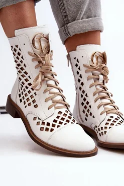 Clearance Zazoo 2695 Ażurowe Skórzane Botki Białe Biały
