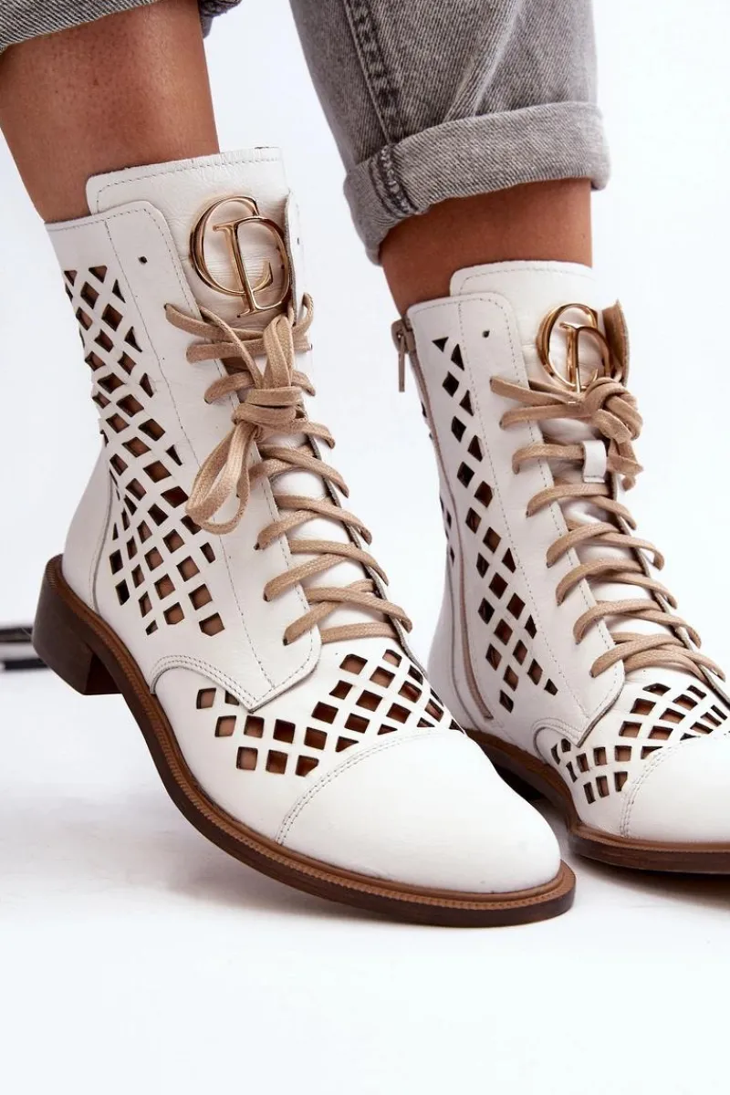 Clearance Zazoo 2695 Ażurowe Skórzane Botki Białe Biały
