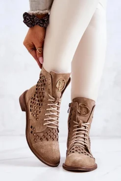Discount 2695 Ażurowe Skórzane Botki Camel Damskie Botki Wiosenne|Botki Sznurowane