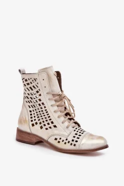 Online Zazoo 2627 Ażurowe Skórzane Botki Złoty Przecierany