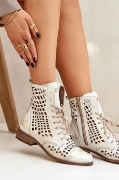 Online Zazoo 2627 Ażurowe Skórzane Botki Złoty Przecierany