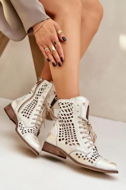 Online Zazoo 2627 Ażurowe Skórzane Botki Złoty Przecierany