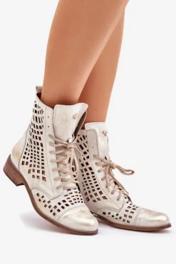 Online Zazoo 2627 Ażurowe Skórzane Botki Złoty Przecierany