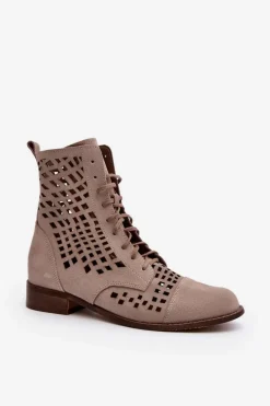 Botki Wiosenne|Botki Skórzane>Zazoo 2627 Ażurowe Skórzane Botki Beżowe Beżowy