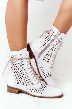Outlet Zazoo 2627 Ażurowe Skórzane Botki Białe Biały