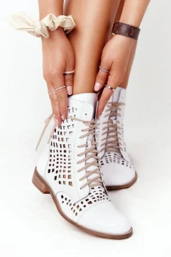 Outlet Zazoo 2627 Ażurowe Skórzane Botki Białe Biały