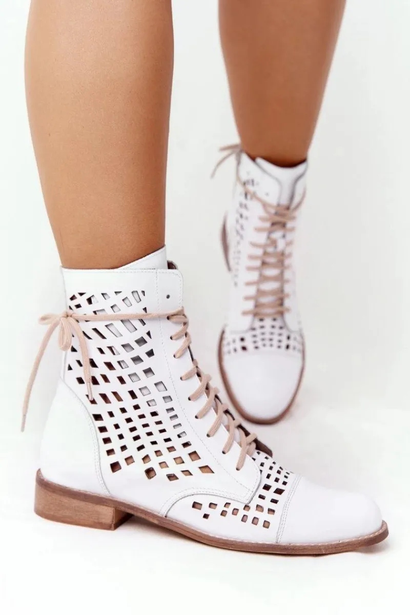 Outlet Zazoo 2627 Ażurowe Skórzane Botki Białe Biały