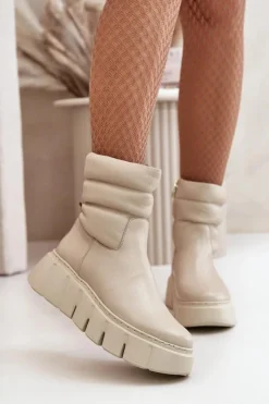 Botki Ocieplane|Botki Skórzane>Zazoo 60512 Botki Damskie Skórzane Na Zamek Ocieplane Filcem Jasnobeżowe Beżowy