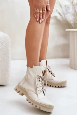 Damskie Trapery|Brązowe I Beżowe Botki>Zazoo 2831 Botki Damskie Ze Skóry Naturalnej Jasnobeżowe