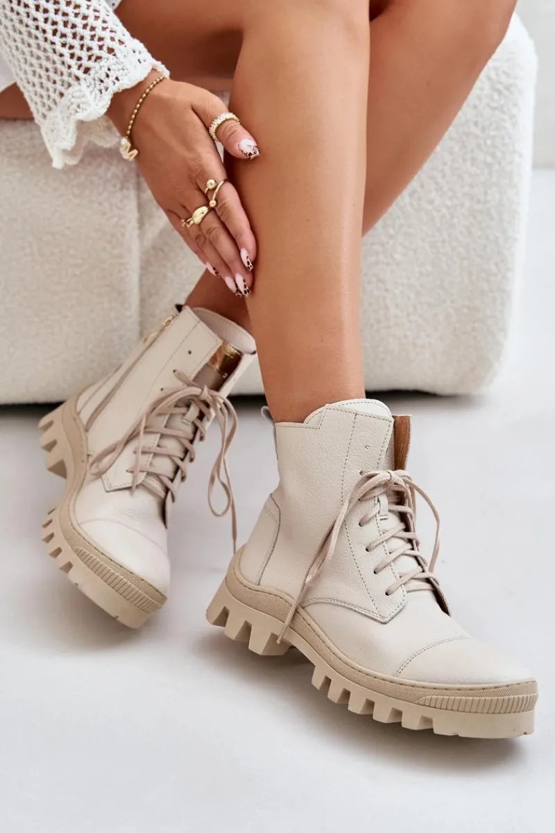 Damskie Trapery|Brązowe I Beżowe Botki>Zazoo 2831 Botki Damskie Ze Skóry Naturalnej Jasnobeżowe