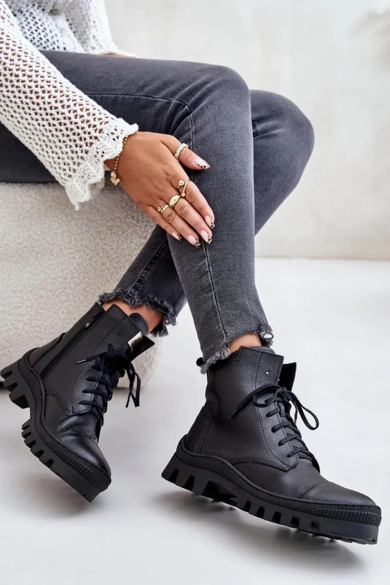 Damskie Trapery|Brązowe I Beżowe Botki>Zazoo 2831 Botki Damskie Ze Skóry Naturalnej Czarne Czarny