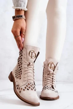 Botki Wiosenne|Brązowe I Beżowe Botki>Zazoo 2695 Botki Skórzane Ażurowe Na Suwak Jasnobeżowe