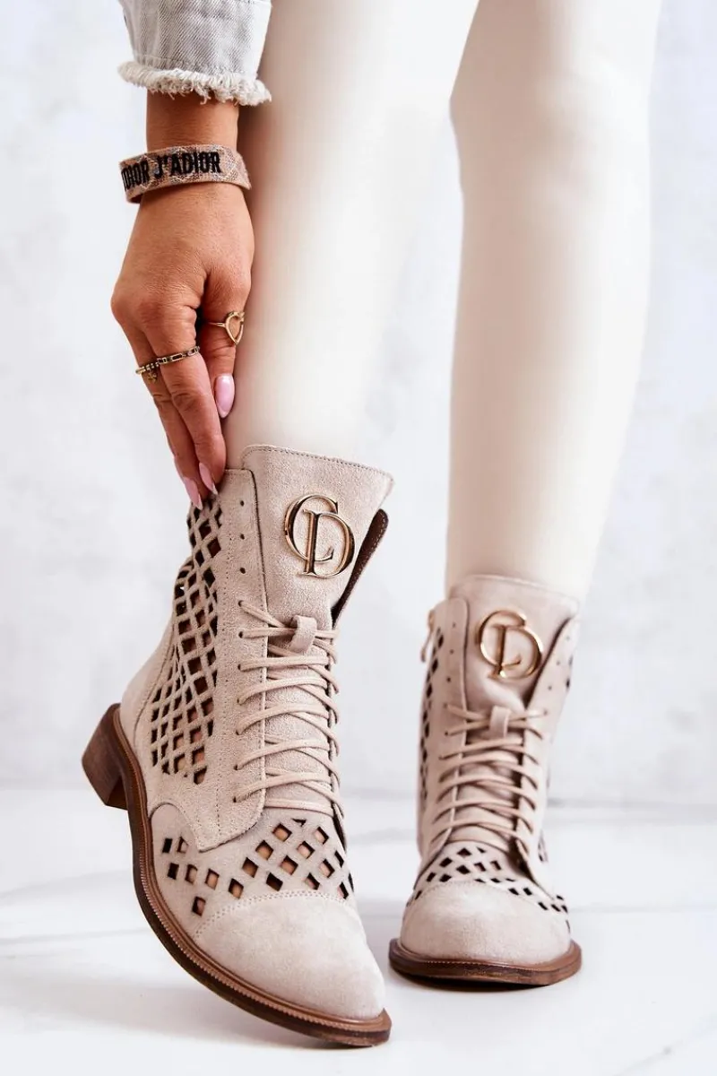 Botki Wiosenne|Brązowe I Beżowe Botki>Zazoo 2695 Botki Skórzane Ażurowe Na Suwak Jasnobeżowe