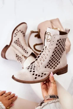 Botki Wiosenne|Brązowe I Beżowe Botki>Zazoo 2695 Botki Skórzane Ażurowe Na Suwak Jasnobeżowe