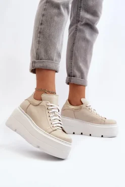 Best 10165 Buty Sportowe Damskie Na Masywnej Platformie Beżowe Damskie Buty Sportowe Na Platformie
