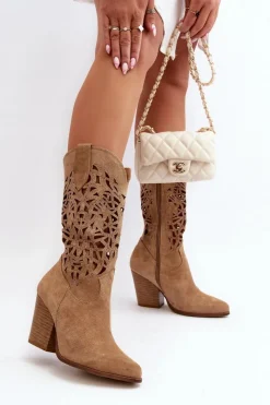 Hot 3414 Damskie Ażurowe Botki Na Słupku Zamszowe Beżowe Damskie Botki Wiosenne|Botki Skórzane