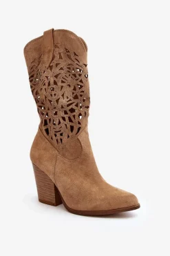 Hot 3414 Damskie Ażurowe Botki Na Słupku Zamszowe Beżowe Damskie Botki Wiosenne|Botki Skórzane