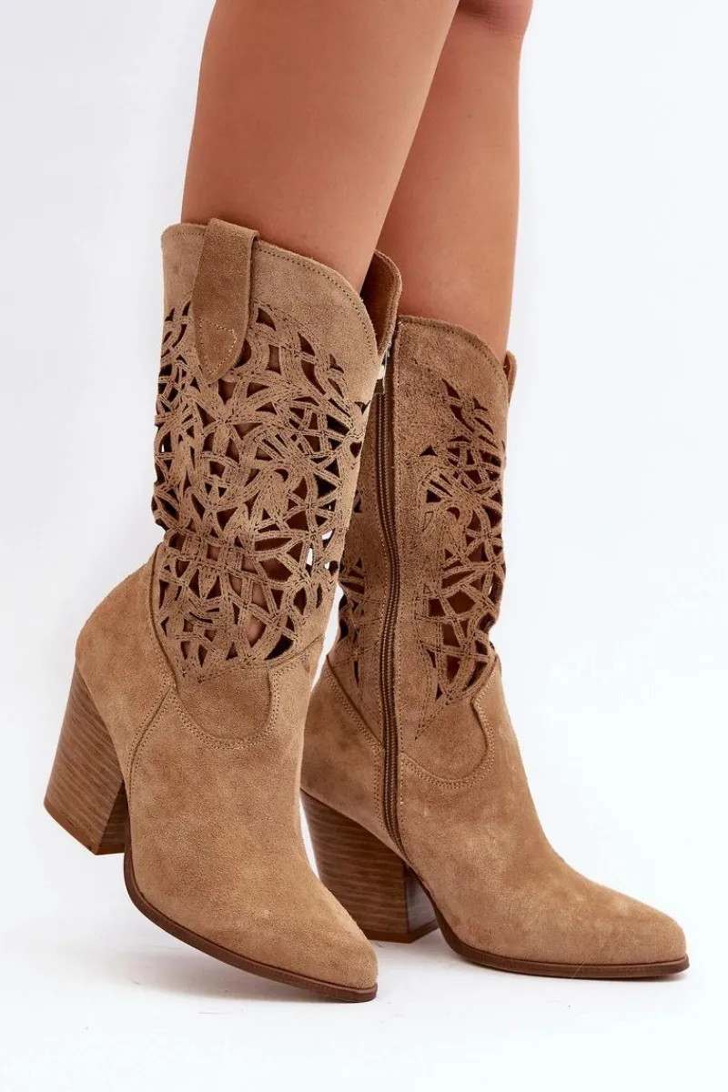 Hot 3414 Damskie Ażurowe Botki Na Słupku Zamszowe Beżowe Damskie Botki Wiosenne|Botki Skórzane