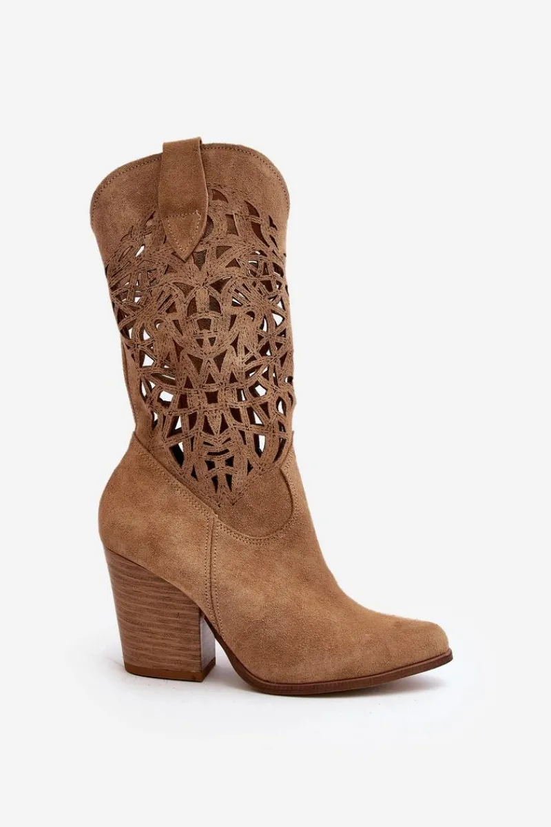 Hot 3414 Damskie Ażurowe Botki Na Słupku Zamszowe Beżowe Damskie Botki Wiosenne|Botki Skórzane