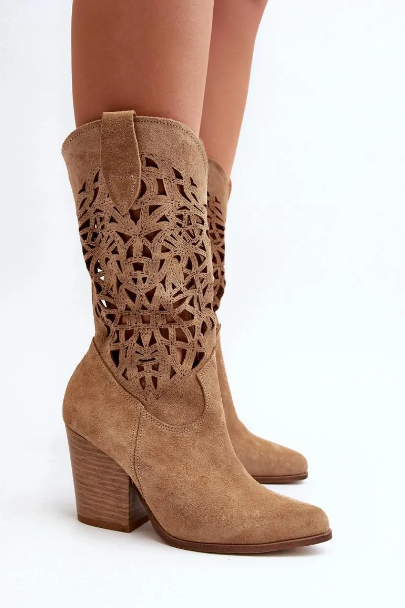 Hot 3414 Damskie Ażurowe Botki Na Słupku Zamszowe Beżowe Damskie Botki Wiosenne|Botki Skórzane