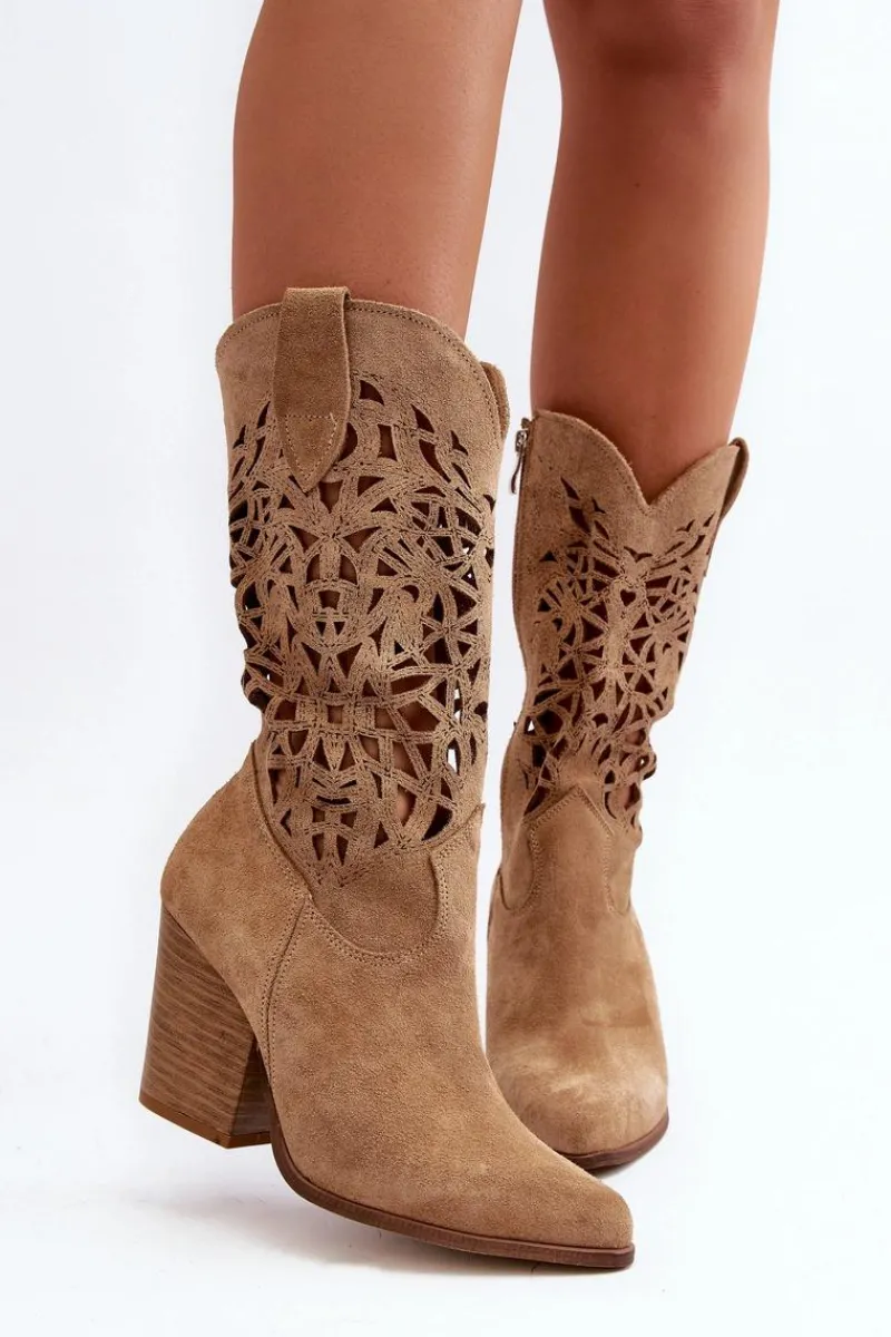 Hot 3414 Damskie Ażurowe Botki Na Słupku Zamszowe Beżowe Damskie Botki Wiosenne|Botki Skórzane