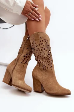 Hot 3414 Damskie Ażurowe Botki Na Słupku Zamszowe Beżowe Damskie Botki Wiosenne|Botki Skórzane