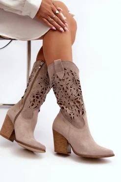 Sale Zazoo 3414 Damskie Ażurowe Botki Na Słupku Zamszowe Cappucino