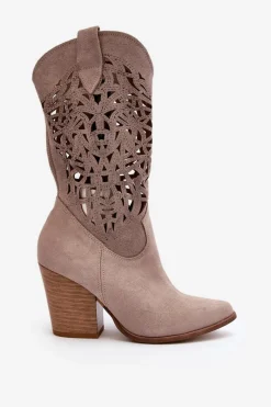 Sale Zazoo 3414 Damskie Ażurowe Botki Na Słupku Zamszowe Cappucino